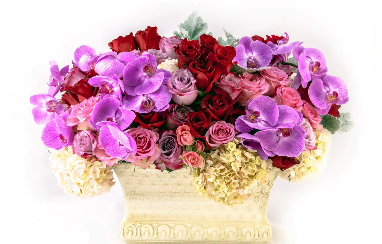 Photo wallpaper flowers, roses, bouquet, orchids, composition