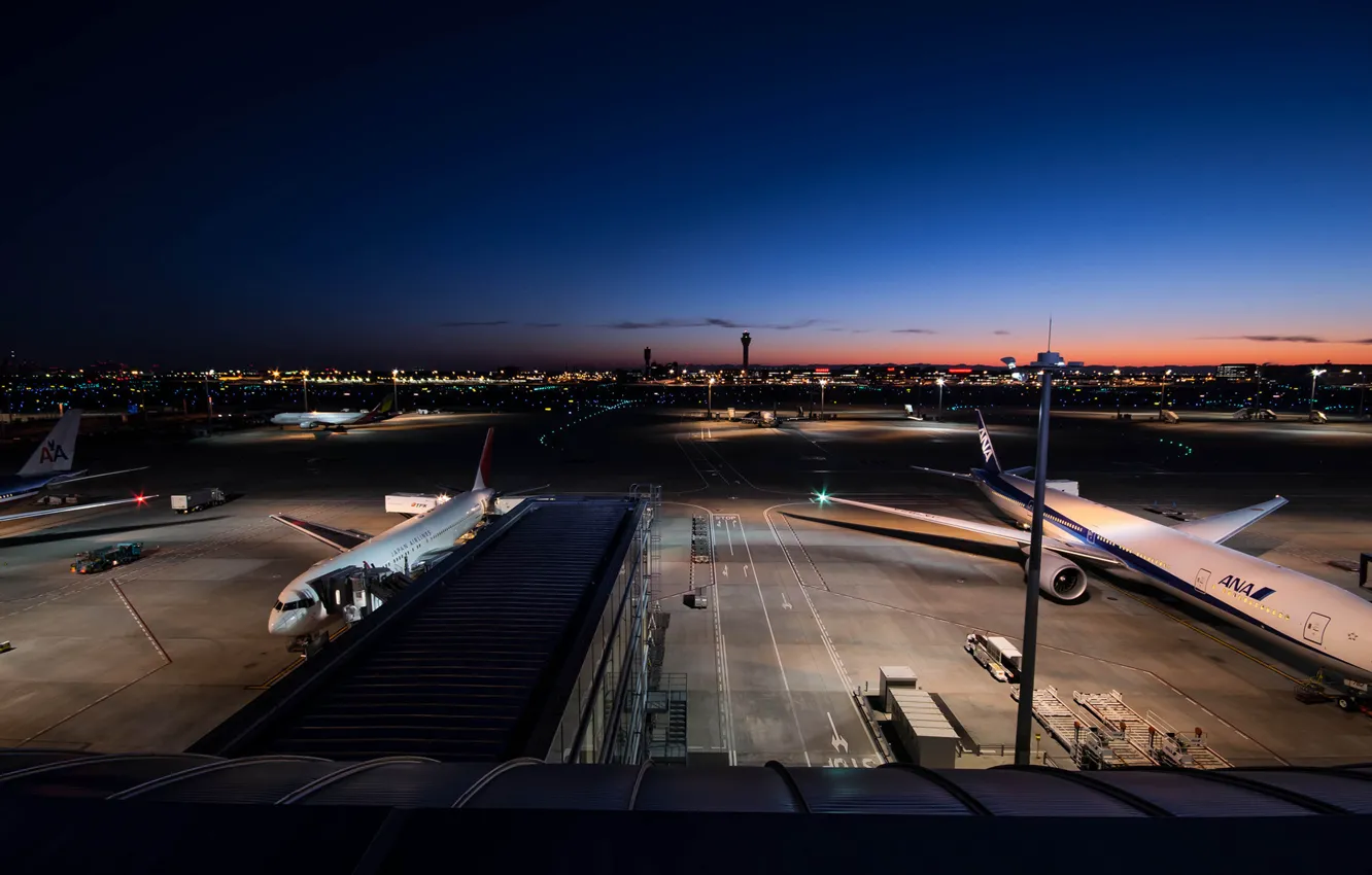 Photo wallpaper the sky, landscape, sunset, night, the city, lights, sunrise, airport