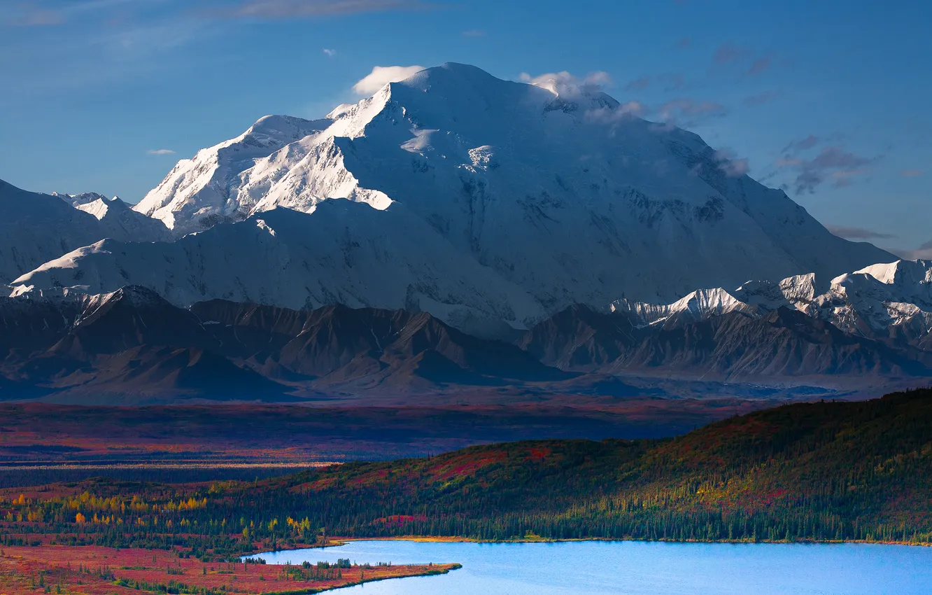 Photo wallpaper autumn, forest, the sky, snow, mountains, lake, valley, USA