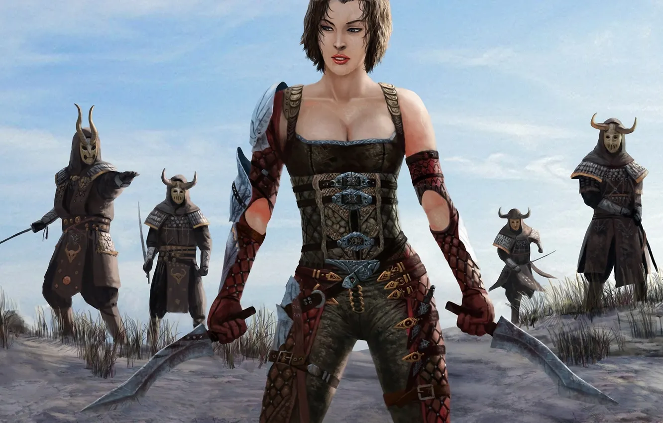 Photo wallpaper girl, weapons, art, dagger, enemies