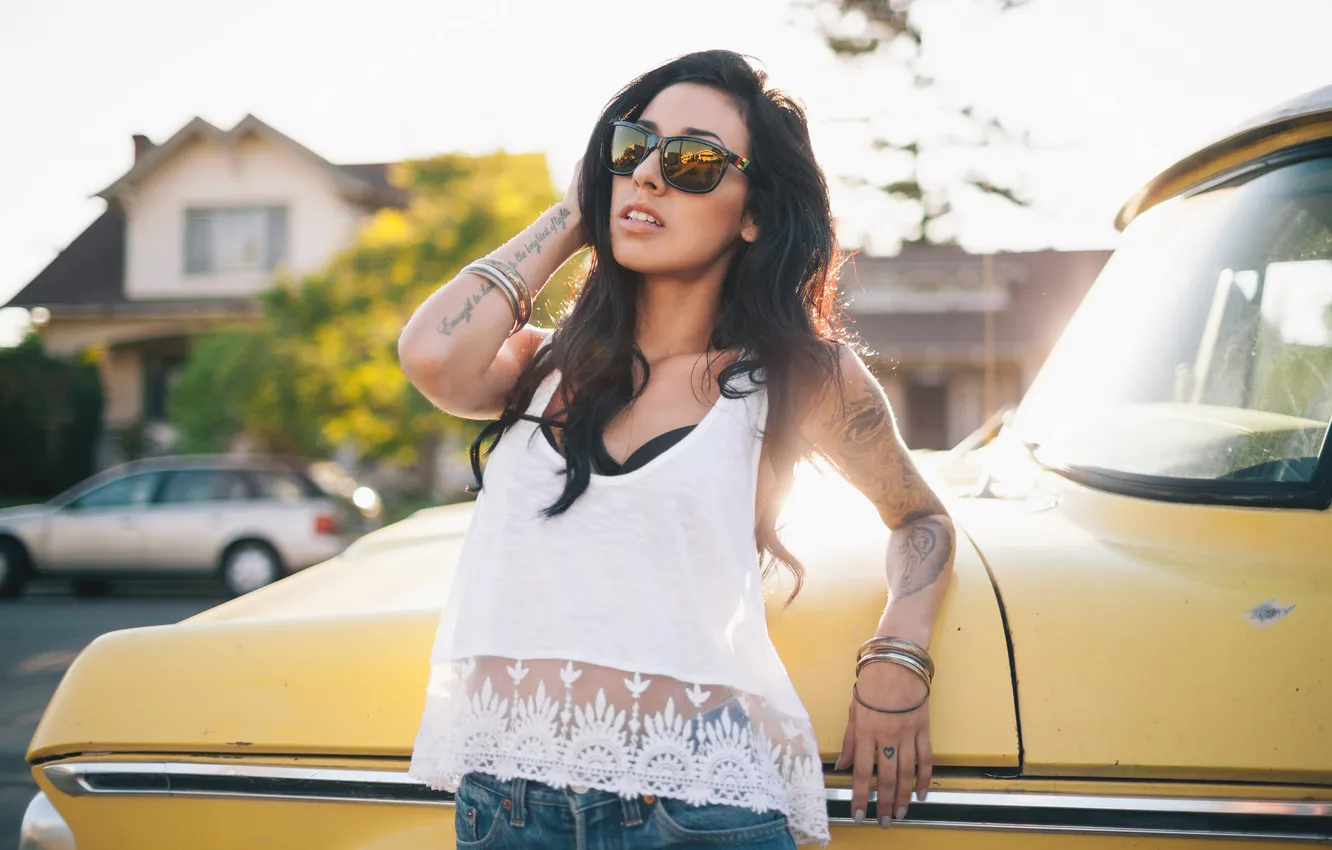 Photo wallpaper girl, glasses, tattoo