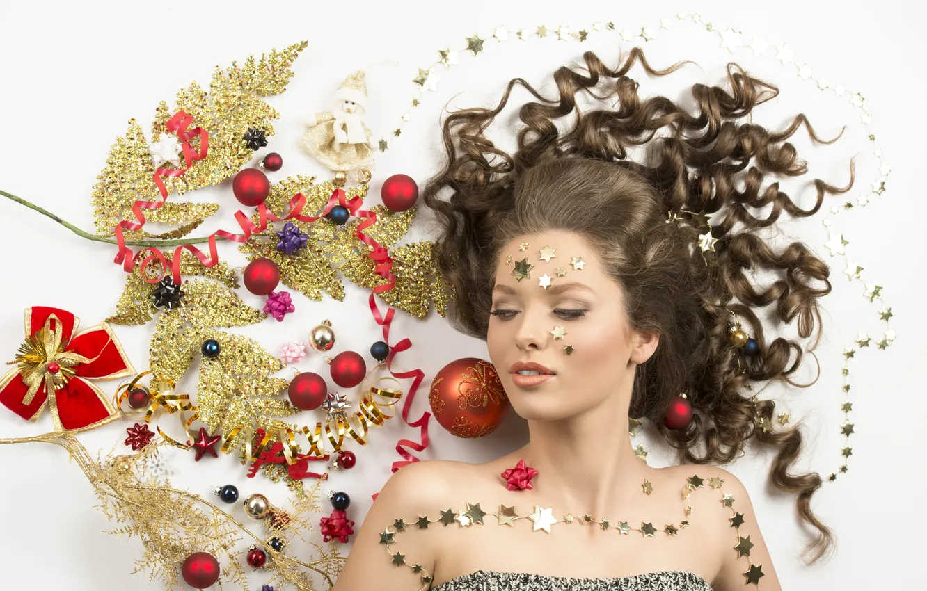 Photo wallpaper balls, hair, Christmas, Girl, lies, stars, a new genus