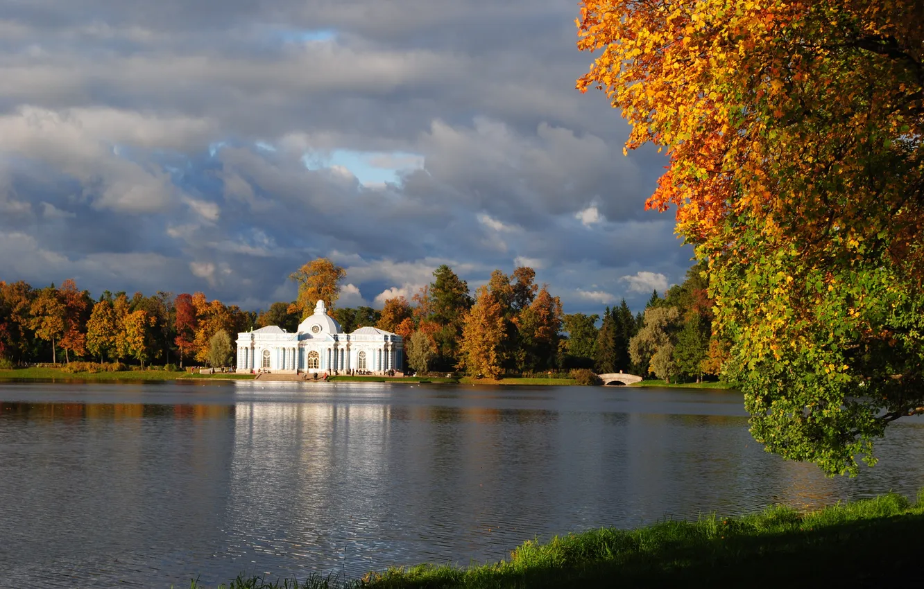 Photo wallpaper autumn, the sky, leaves, pond, garden, architecture, Pushkin, Tsarskoye Selo