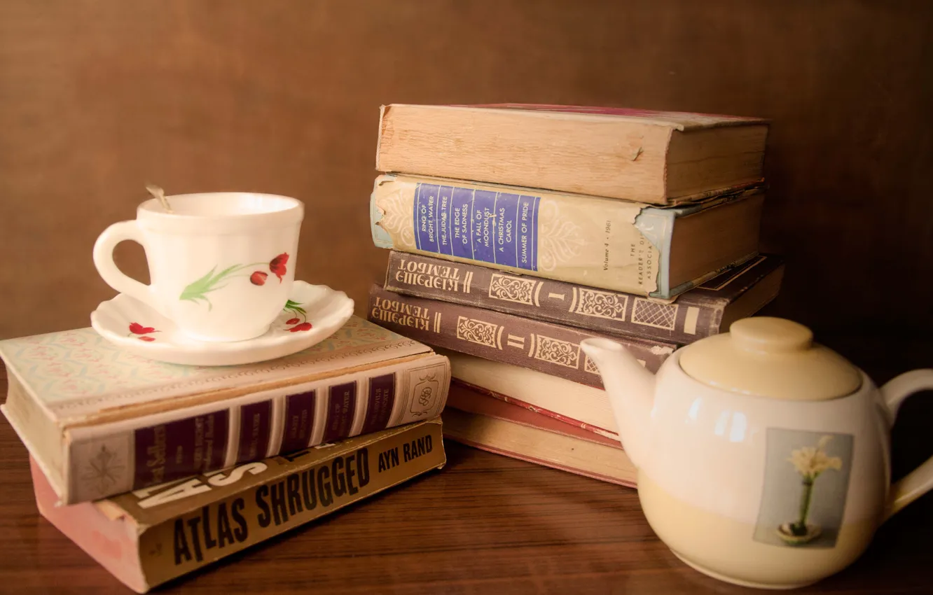 Photo wallpaper Cup, Dishes, Books, Kettle, Books