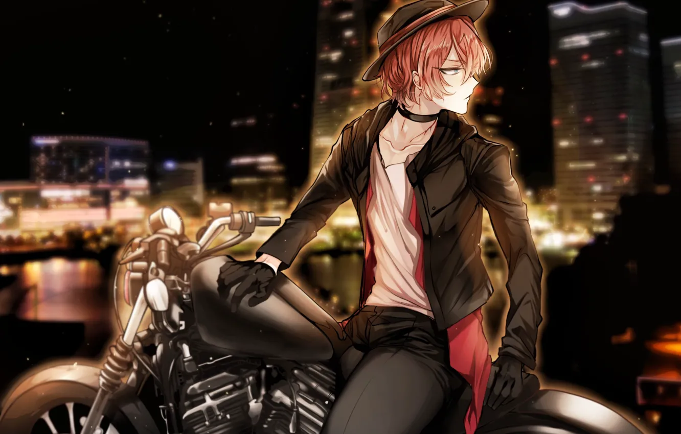 Photo wallpaper night, motorcycle, guy, Bungou Stray Dogs, Stray Dogs: A Literary Genius