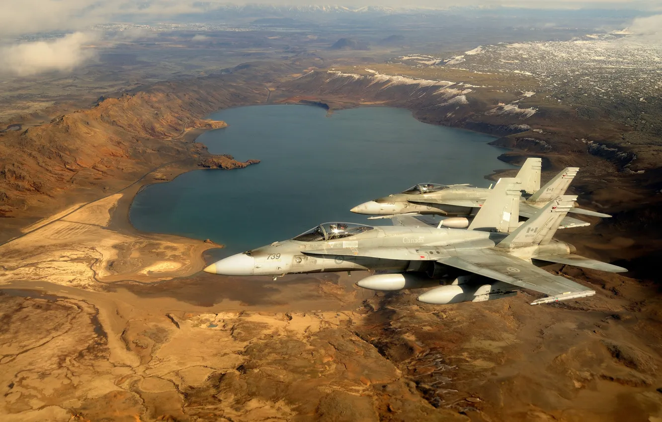 Photo wallpaper fighters, flight, Iceland, Hornet, CF-18
