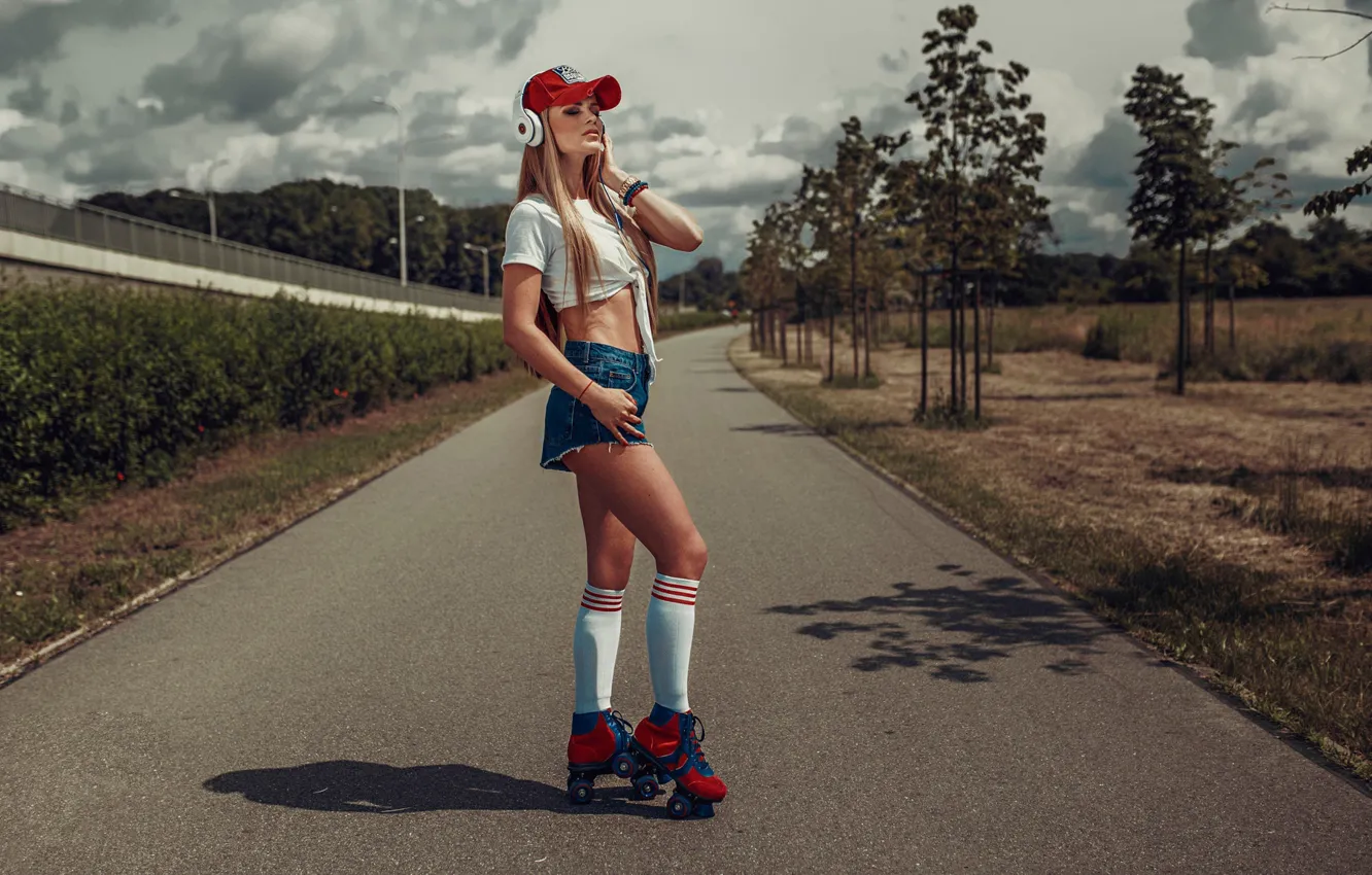 Photo wallpaper girl, the sun, clouds, trees, shorts, headphones, Mike, figure