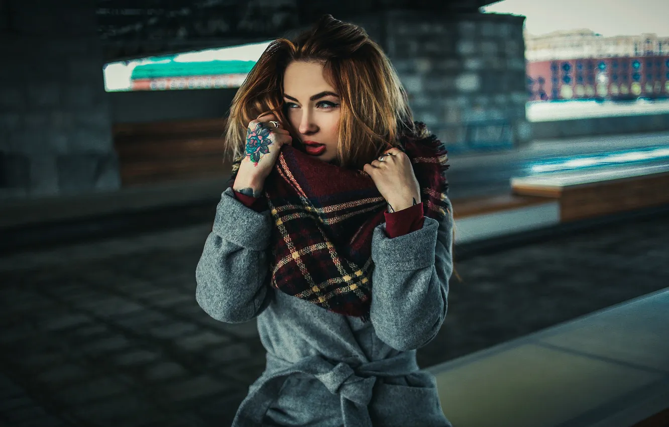 Photo wallpaper girl, pose, portrait, hands, makeup, scarf, tattoo, hairstyle