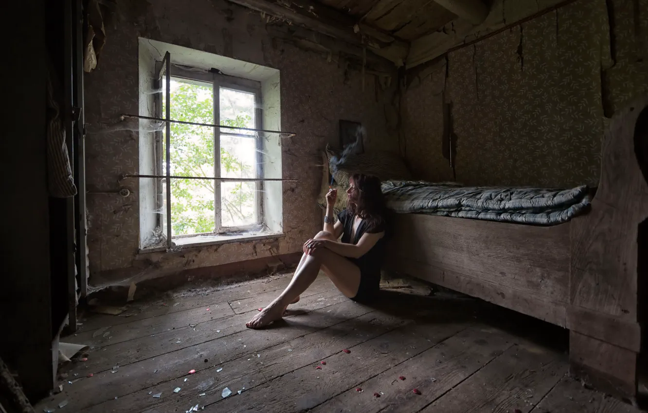 Photo wallpaper girl, window, cigarette