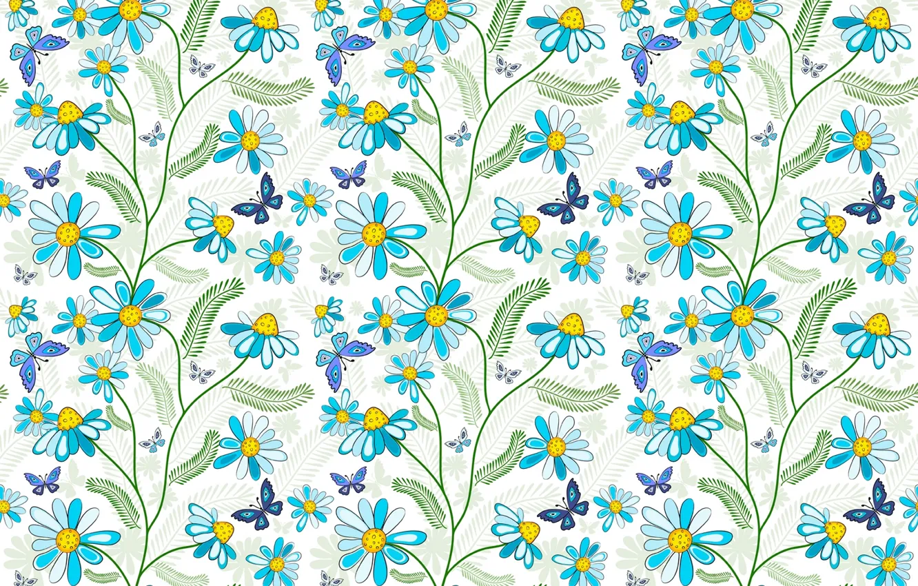 Photo wallpaper butterfly, flowers, blue, pattern