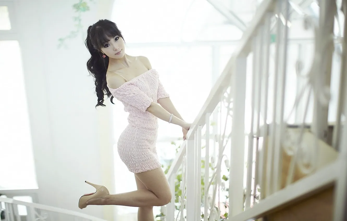 Photo wallpaper girl, sweetheart, model, ladder, Asian, posing, South Korean, Im Soo Yeon