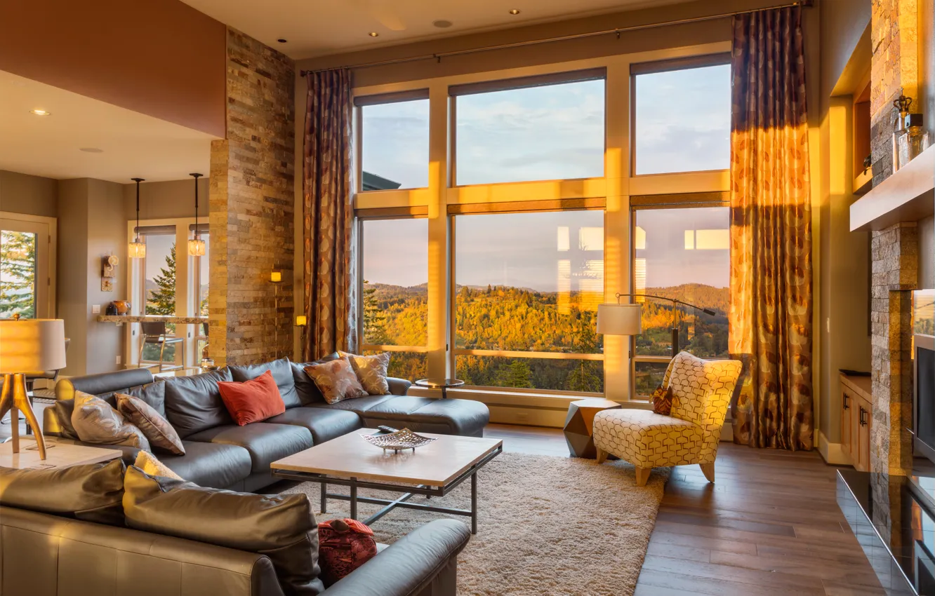 Photo wallpaper design, sofa, furniture, interior, window, curtains, design, living room