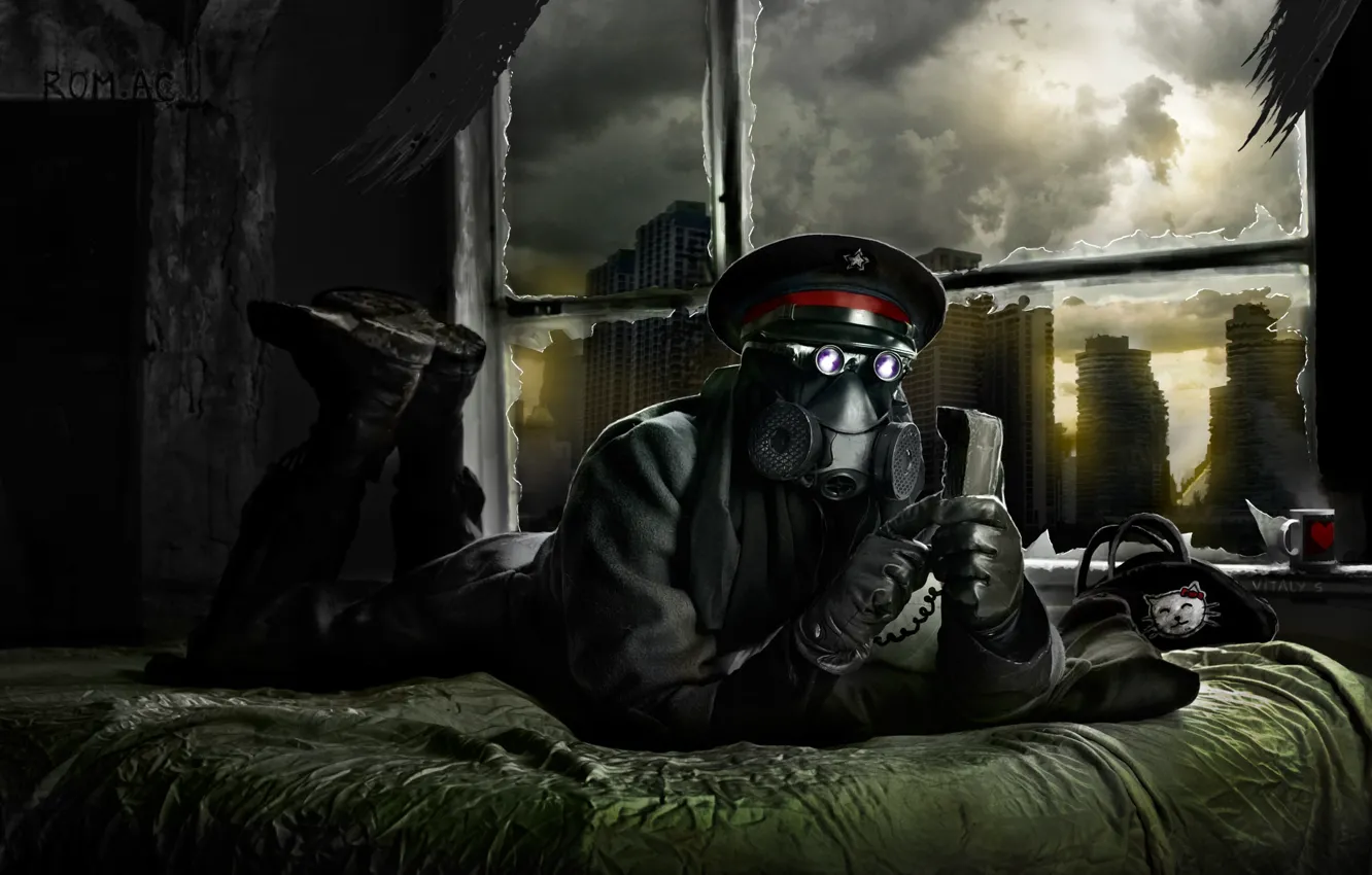 Photo wallpaper the city, bed, mask, gas mask, lies, captain, phone, ruins