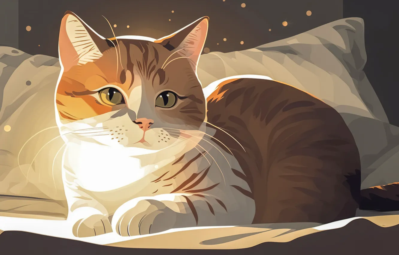 Photo wallpaper Look, Cat, Cat, Face, Pillow, Bed, Art, Digital art
