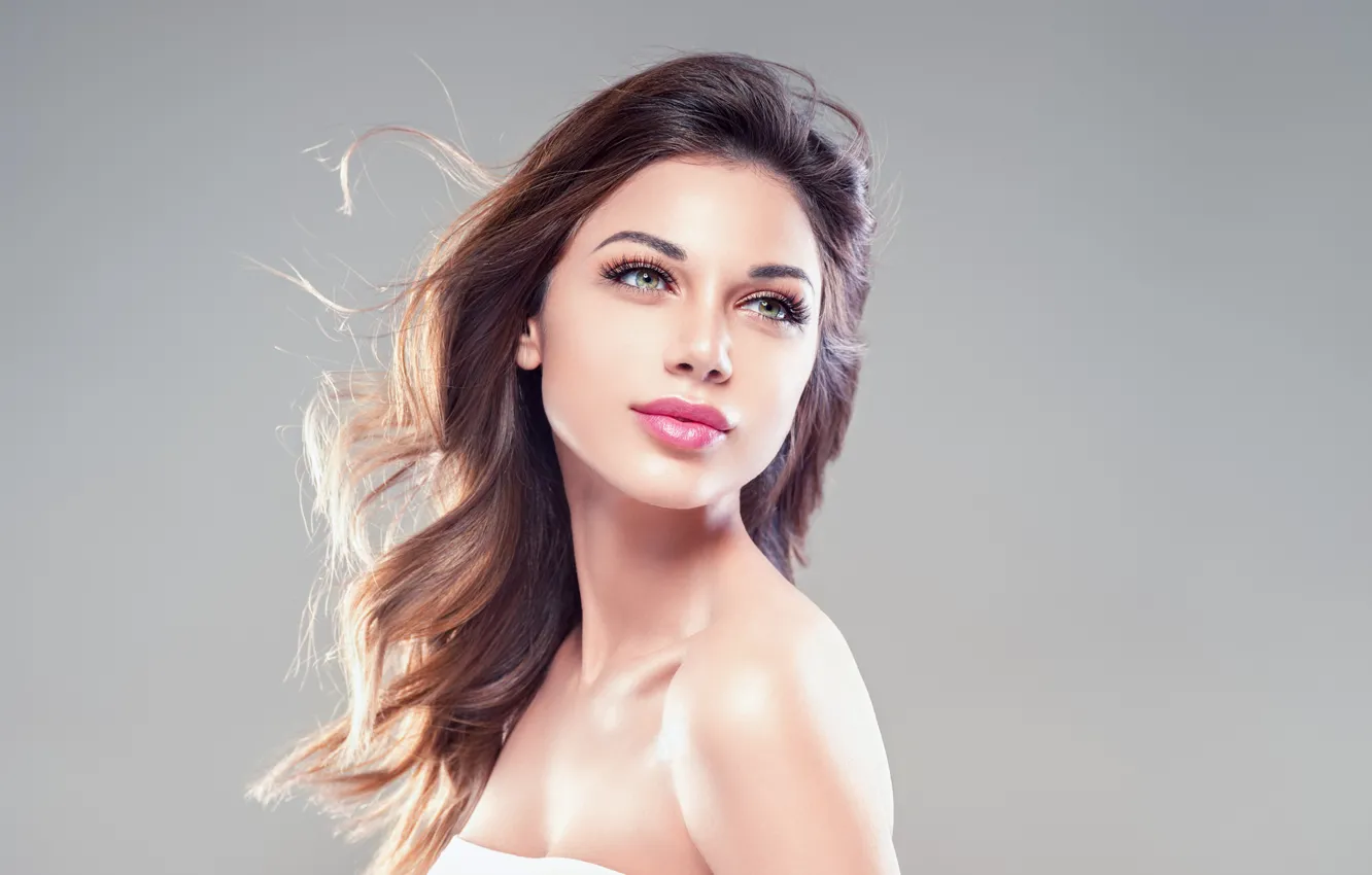 Photo wallpaper look, background, portrait, makeup, hairstyle, brown hair, beauty, in white