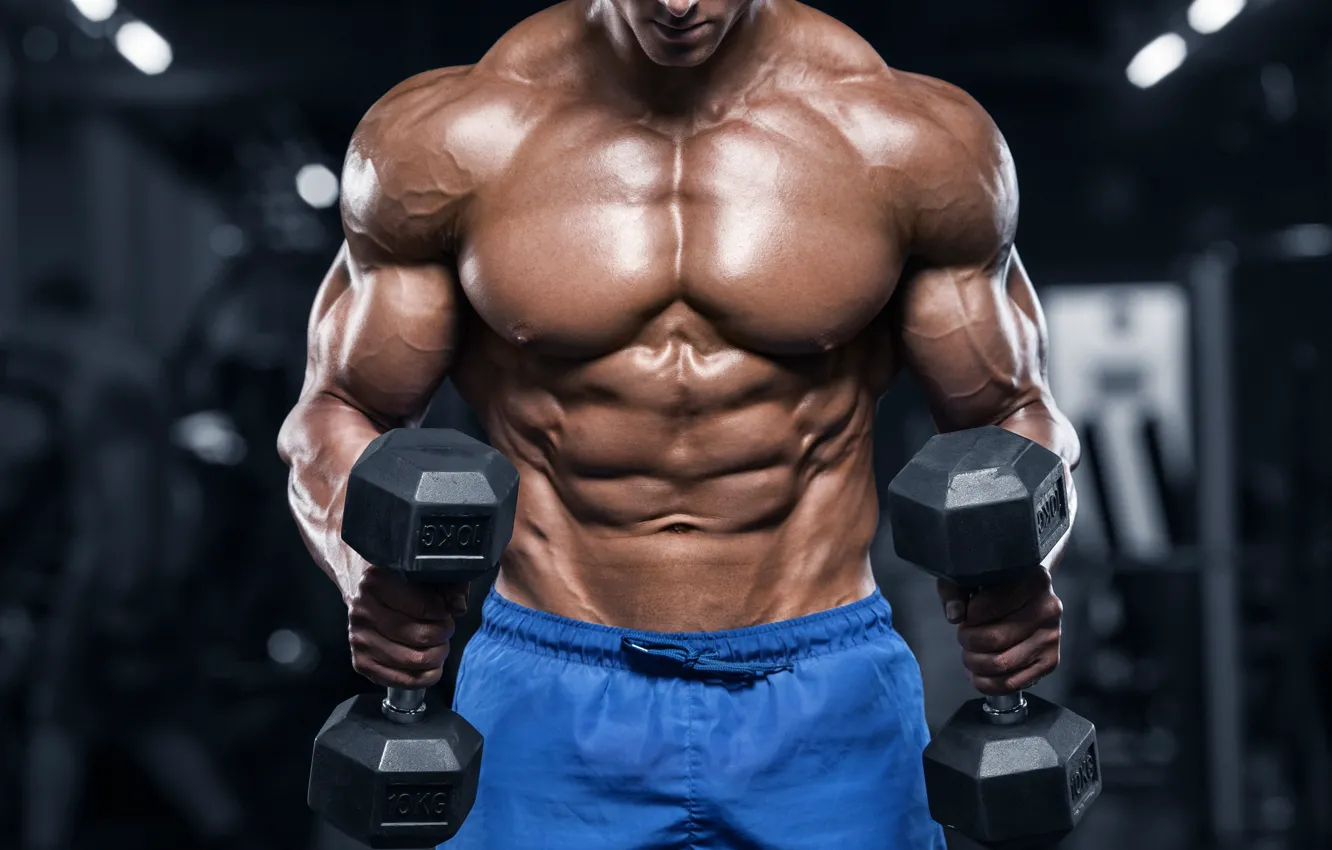 Photo wallpaper power, muscles, strength, dumbbell, bodybuilder