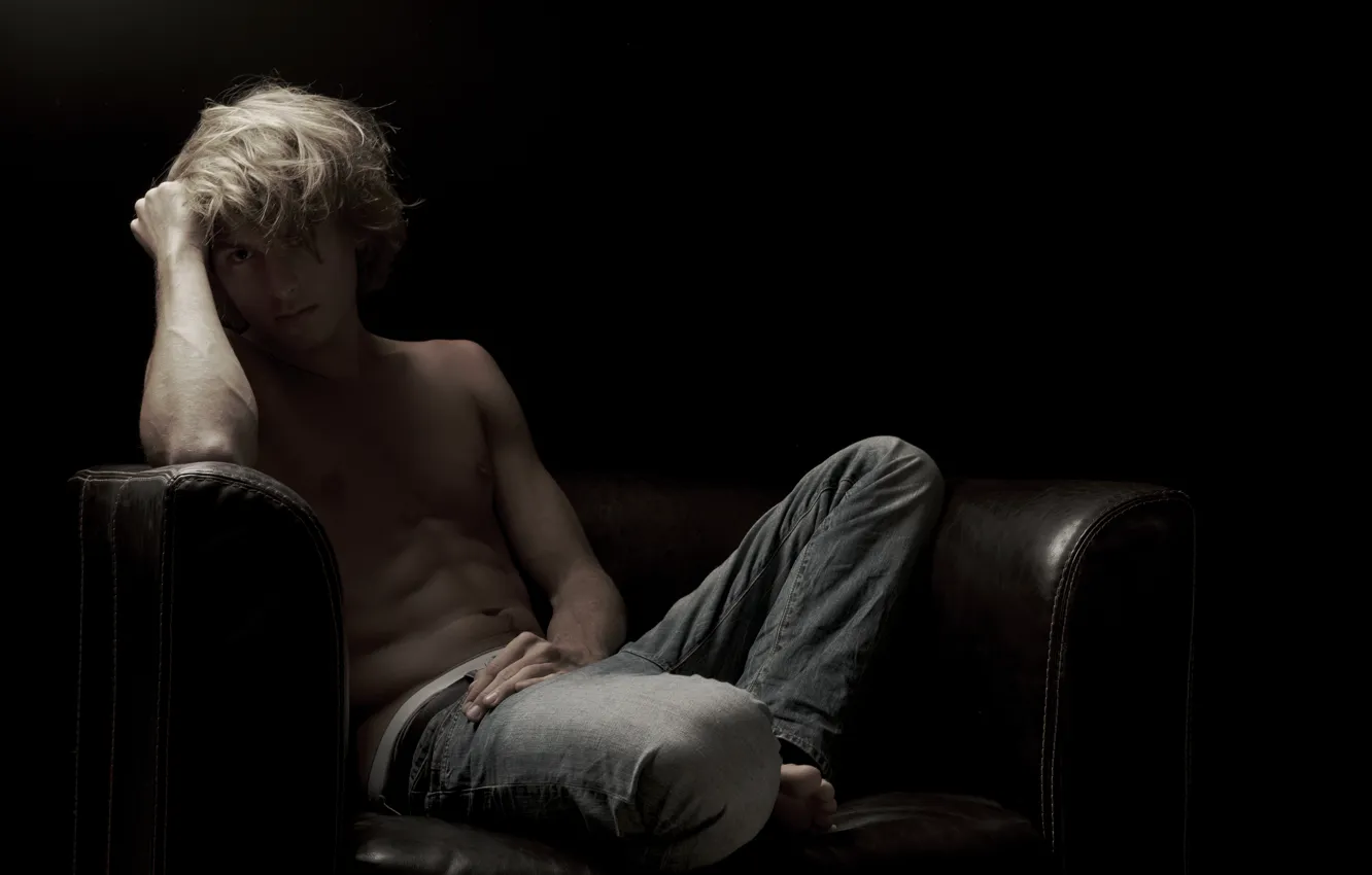Photo wallpaper jeans, chair, male, sitting, torso, blonde, black background