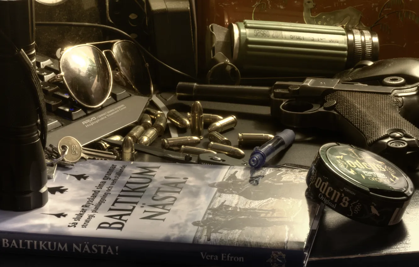 Photo wallpaper gun, background, cartridges, luger