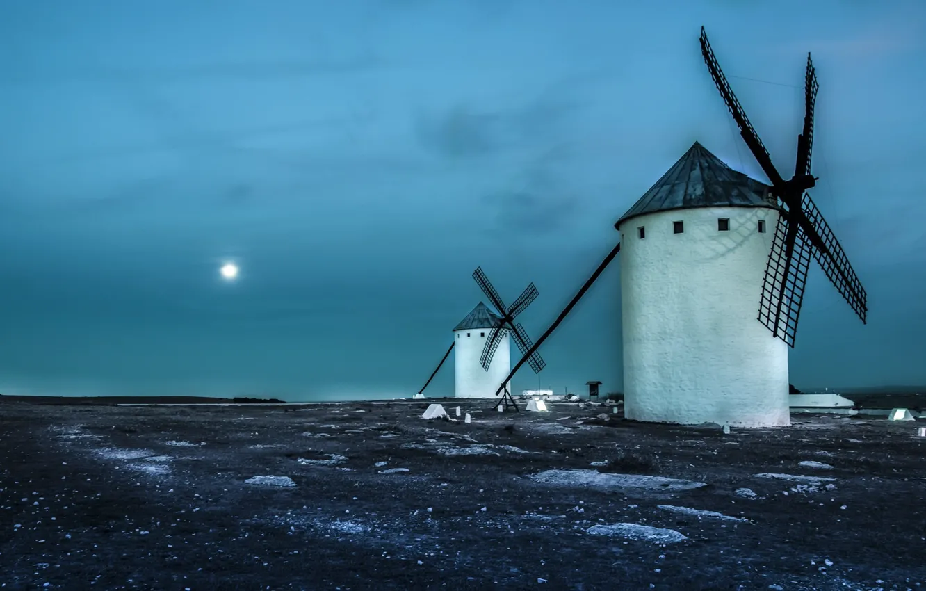 Photo wallpaper field, night, color, windmills