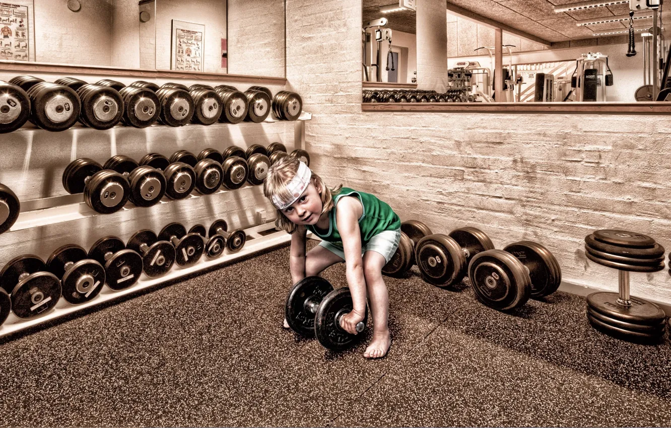 Photo wallpaper child, dumbbells, gym