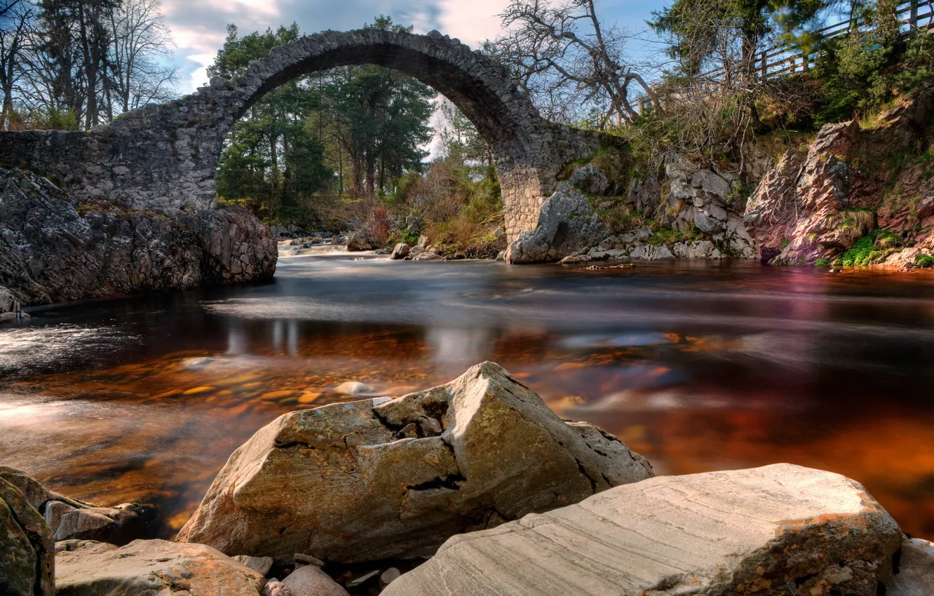 Photo wallpaper landscape, bridge, river, Scotland, Carrbridge