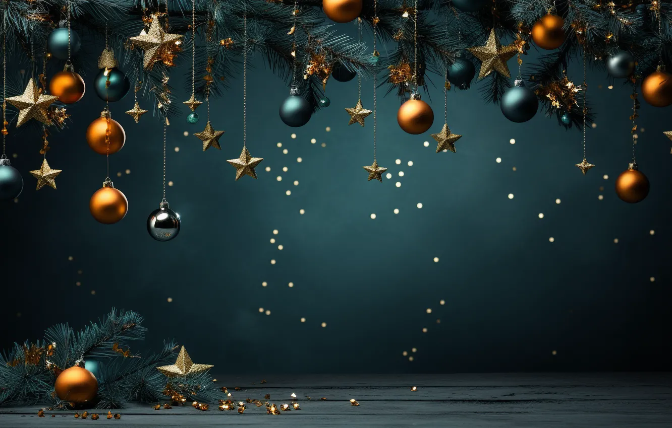 Photo wallpaper stars, balls, branches, blue, the dark background, balls, Board, new year
