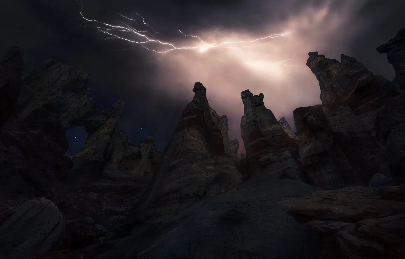 Photo wallpaper the storm, night, rocks, lightning, canyon