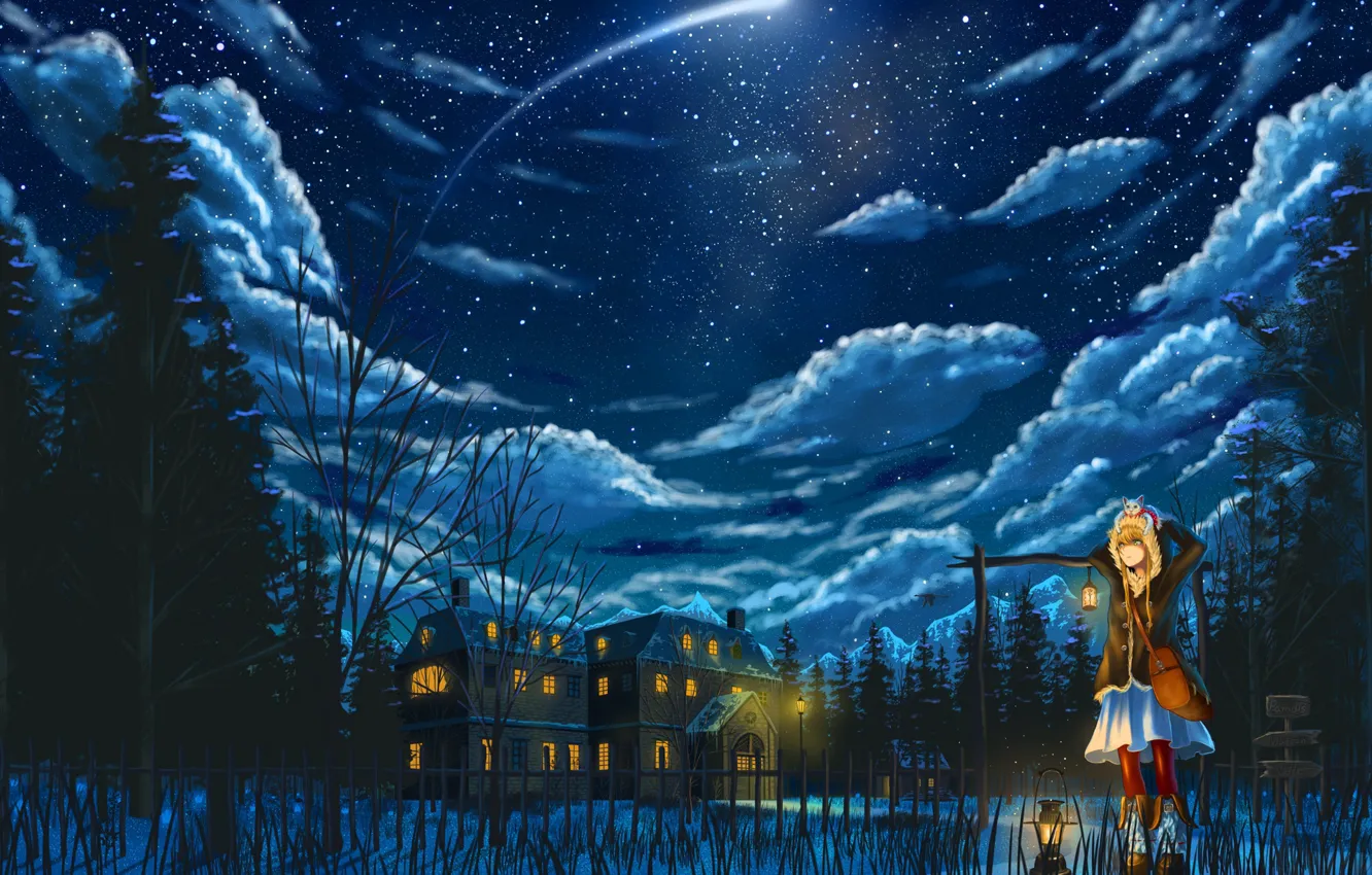 Photo wallpaper snow, art, winter, snowflakes, anime, night, girl, clouds