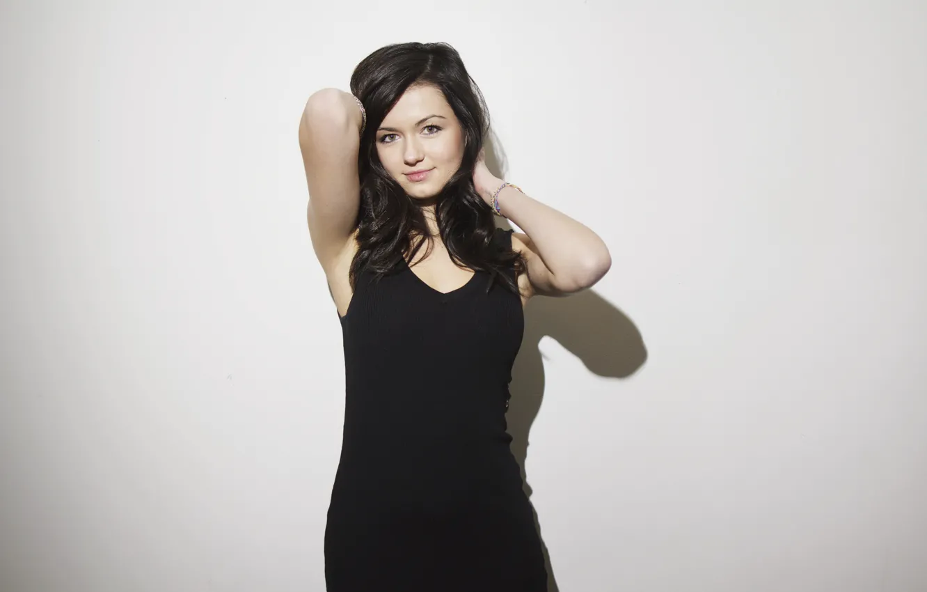 Photo wallpaper girl, wall, white, black, dress, woman, model, brunette