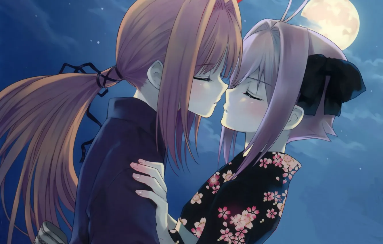 Photo wallpaper night, the moon, romance, yukata, long hair, art, closed eyes, almost kiss