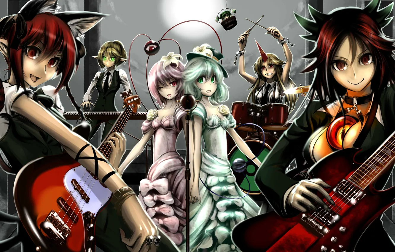 Photo wallpaper the sky, girl, the moon, guitar, group, hat, art, microphone