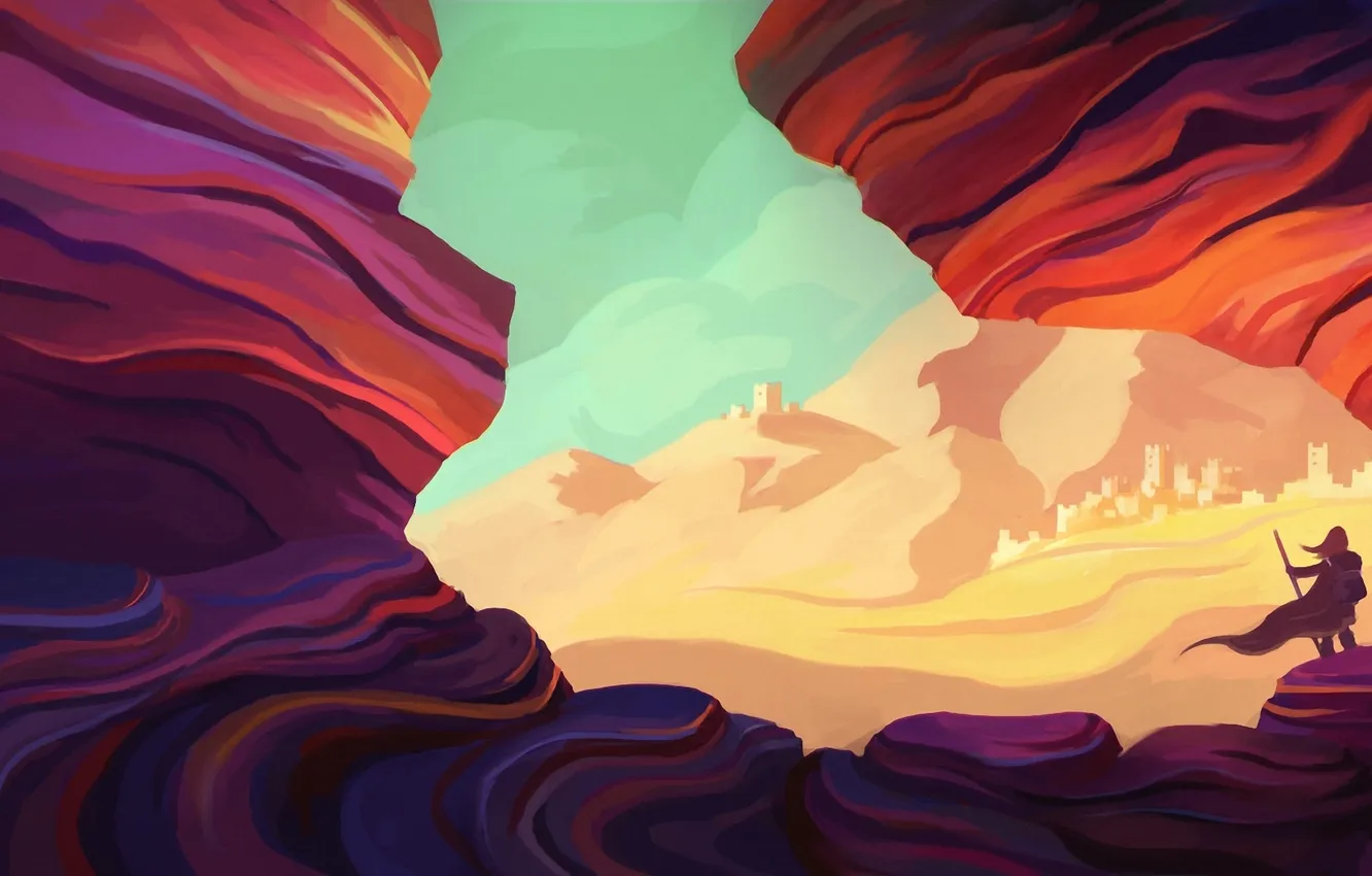 Photo wallpaper the city, rocks, the wind, people, art, cloak