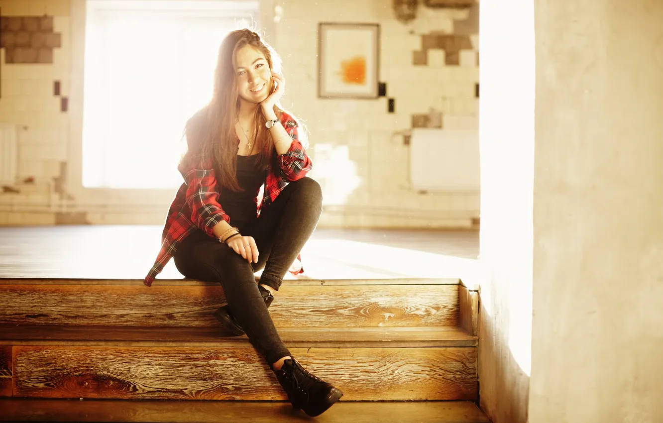 Photo wallpaper look, girl, light, smile, hair, steps