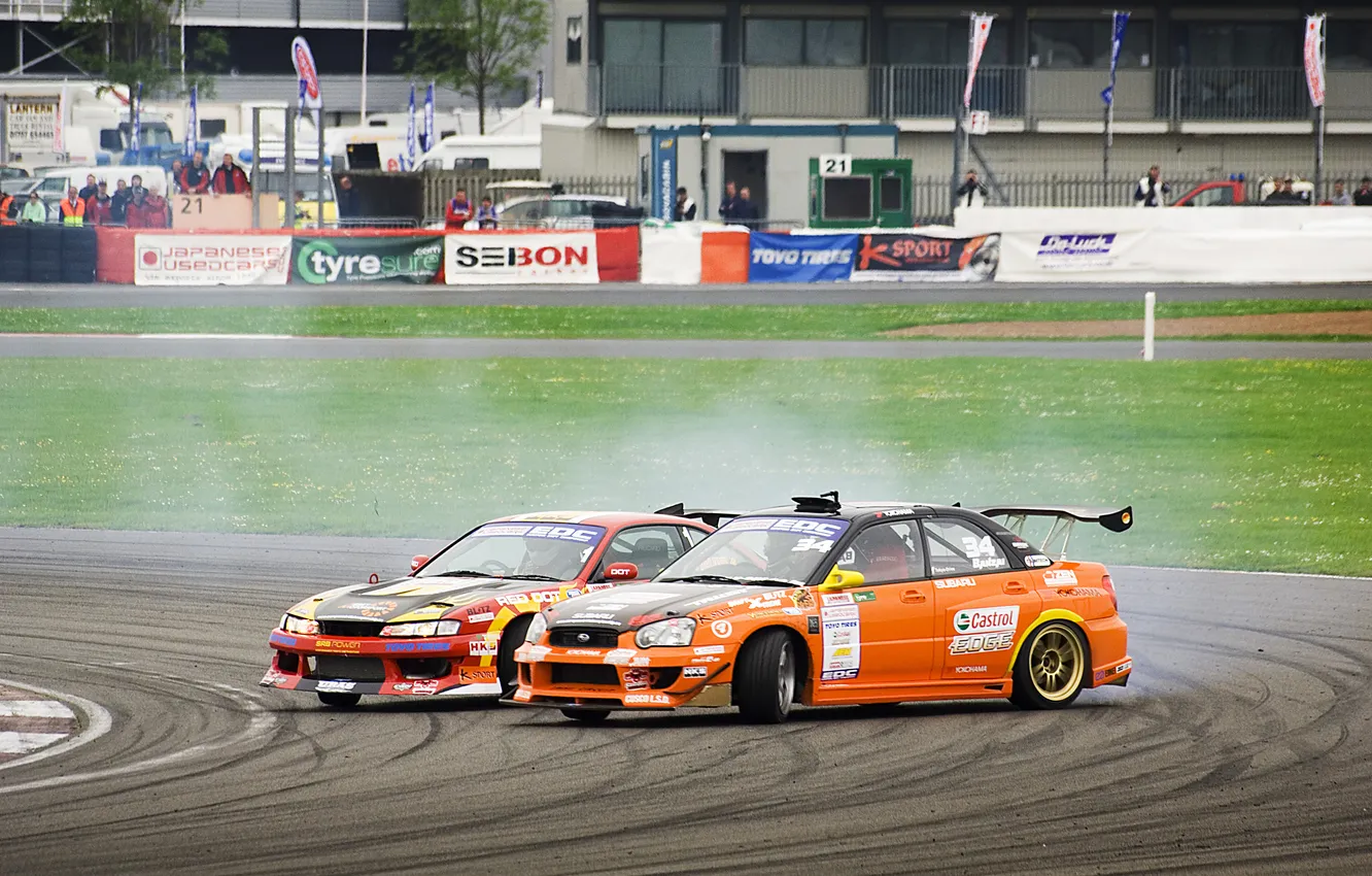 Photo wallpaper road, grass, smoke, Subaru, turn, Skid, drift, Nissan