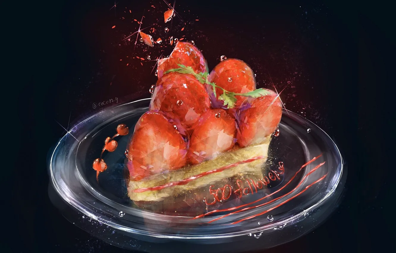 Photo wallpaper strawberry, plate, blue background, water drops, a piece of cake, by Cocon