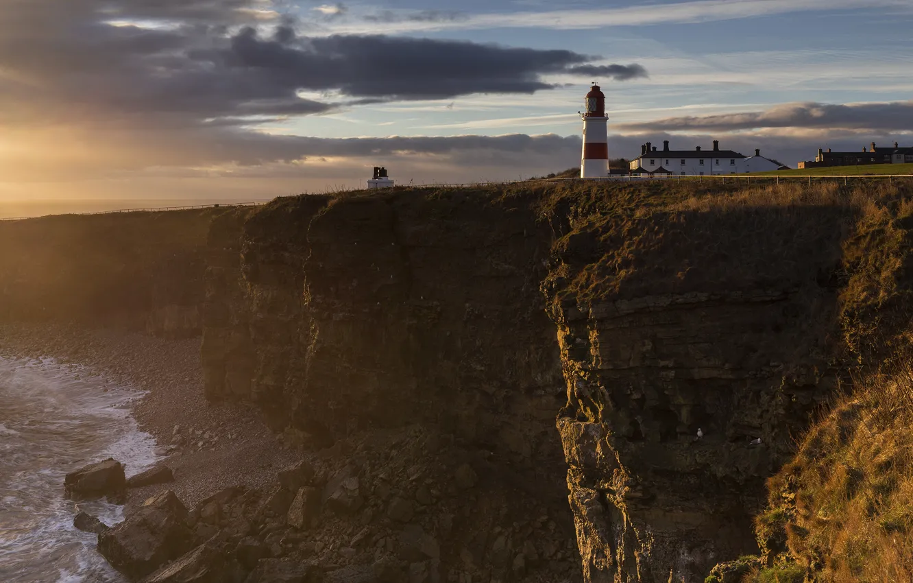 Photo wallpaper waves, sky, sea, sunset, shore, lighthouse, Cliffs