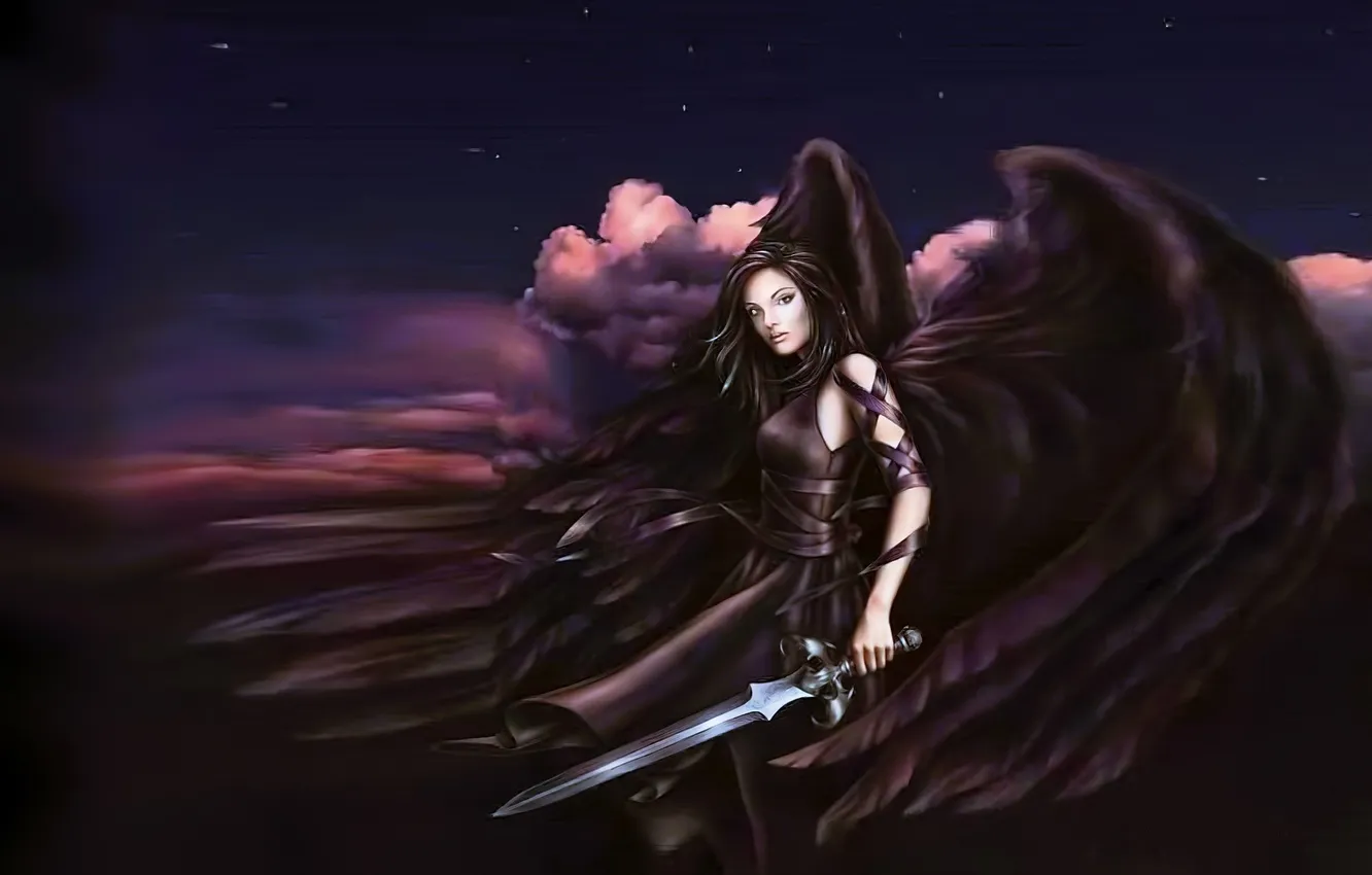 Photo wallpaper girl, clouds, clouds, weapons, wings, angel, sword