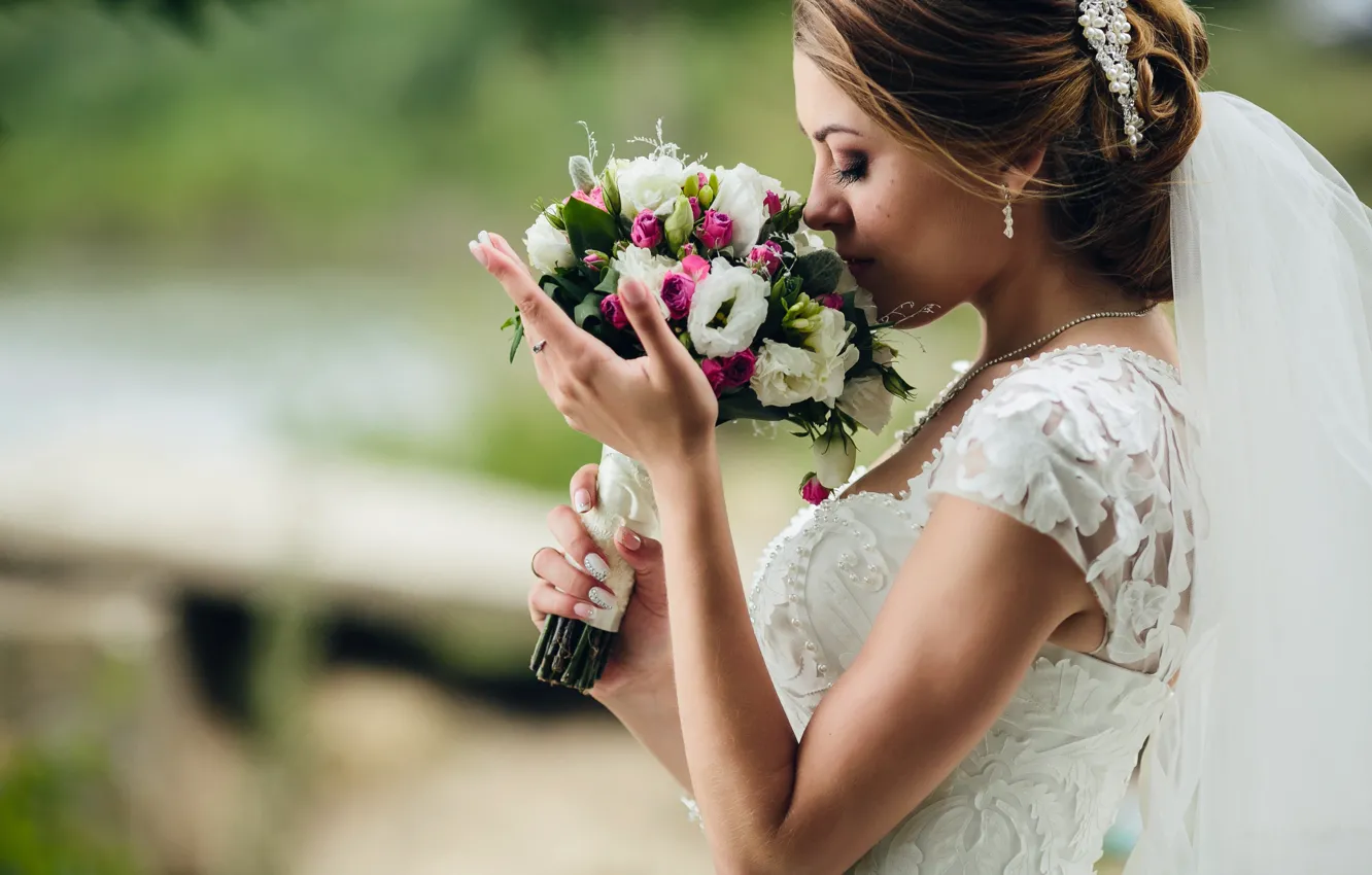 Photo wallpaper girl, bouquet, the bride, white dress, veil, wedding