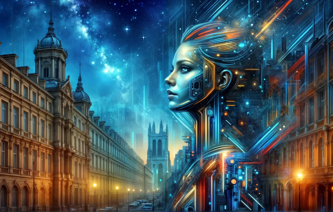 Photo wallpaper look, girl, stars, night, the city, lights, future, fiction