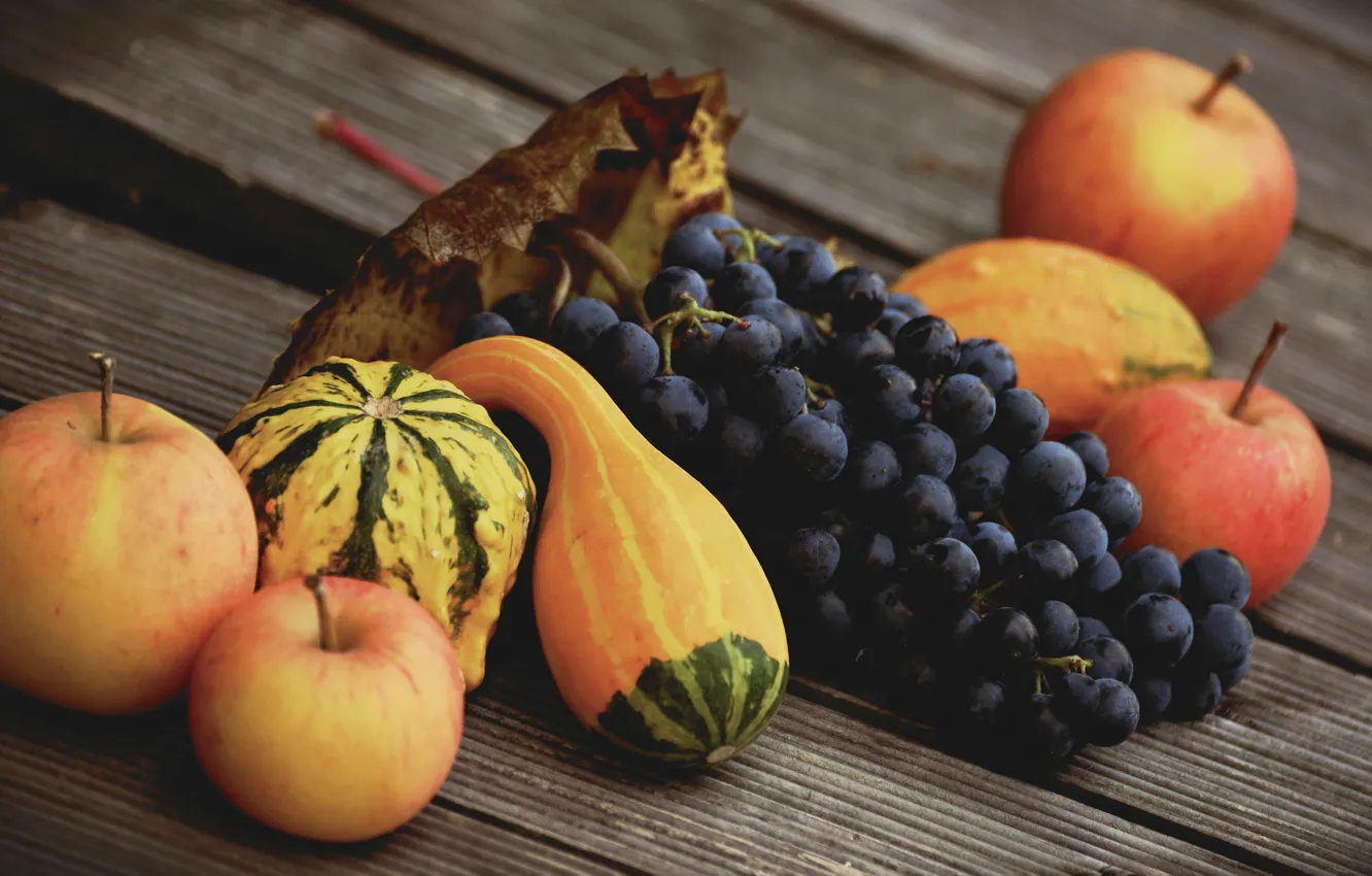 Photo wallpaper autumn, blue, yellow, apples, Board, leaf, harvest, grapes