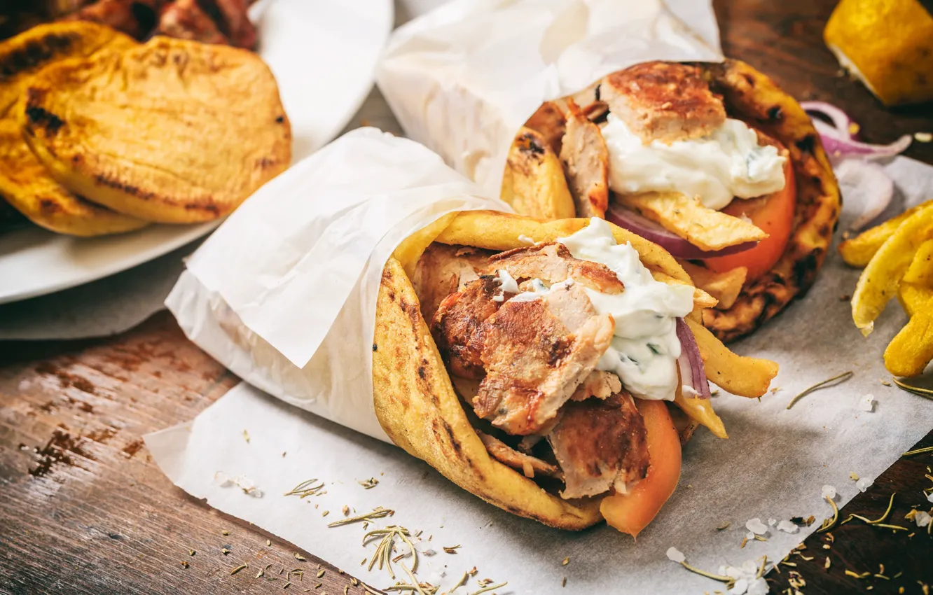 Photo wallpaper meat, sauce, Giros, gyros, potatoes