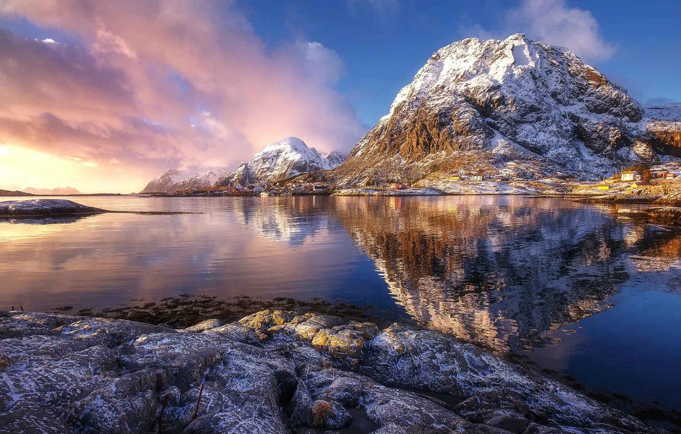 Photo wallpaper water, snow, mountains, reflection