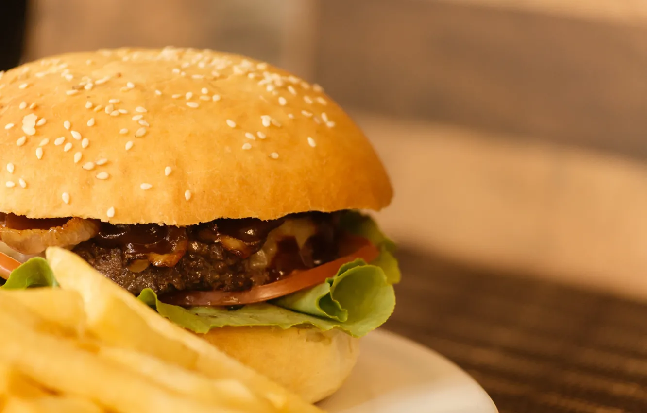 Photo wallpaper hamburger, sauce, french fries