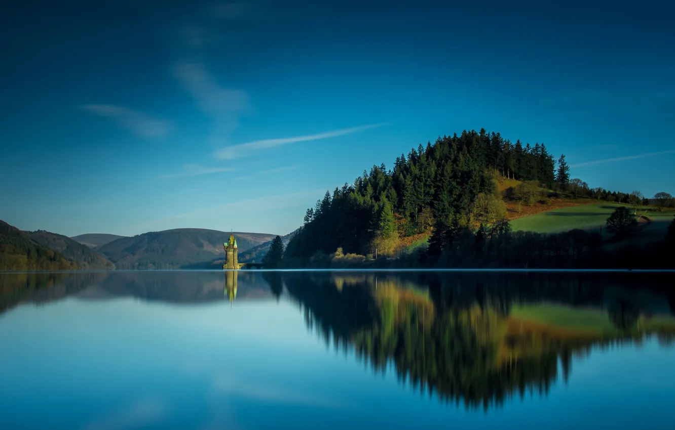 Photo wallpaper lake, surface, calm, tower, tower, Wales, Wales, Lake Vyrnwy