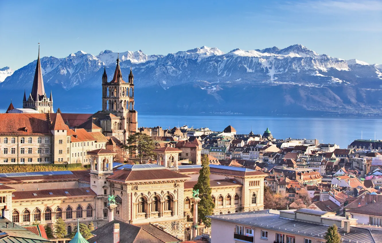 Photo wallpaper mountains, lake, home, Switzerland, Alps, Lausanne