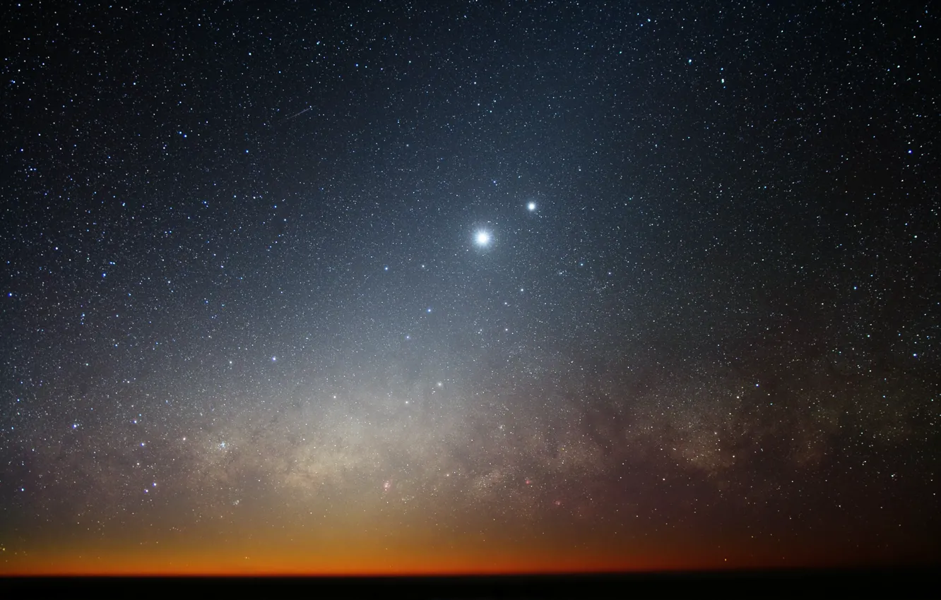 Photo wallpaper stars, the moon, horizon, galaxy, Venus, the milky way