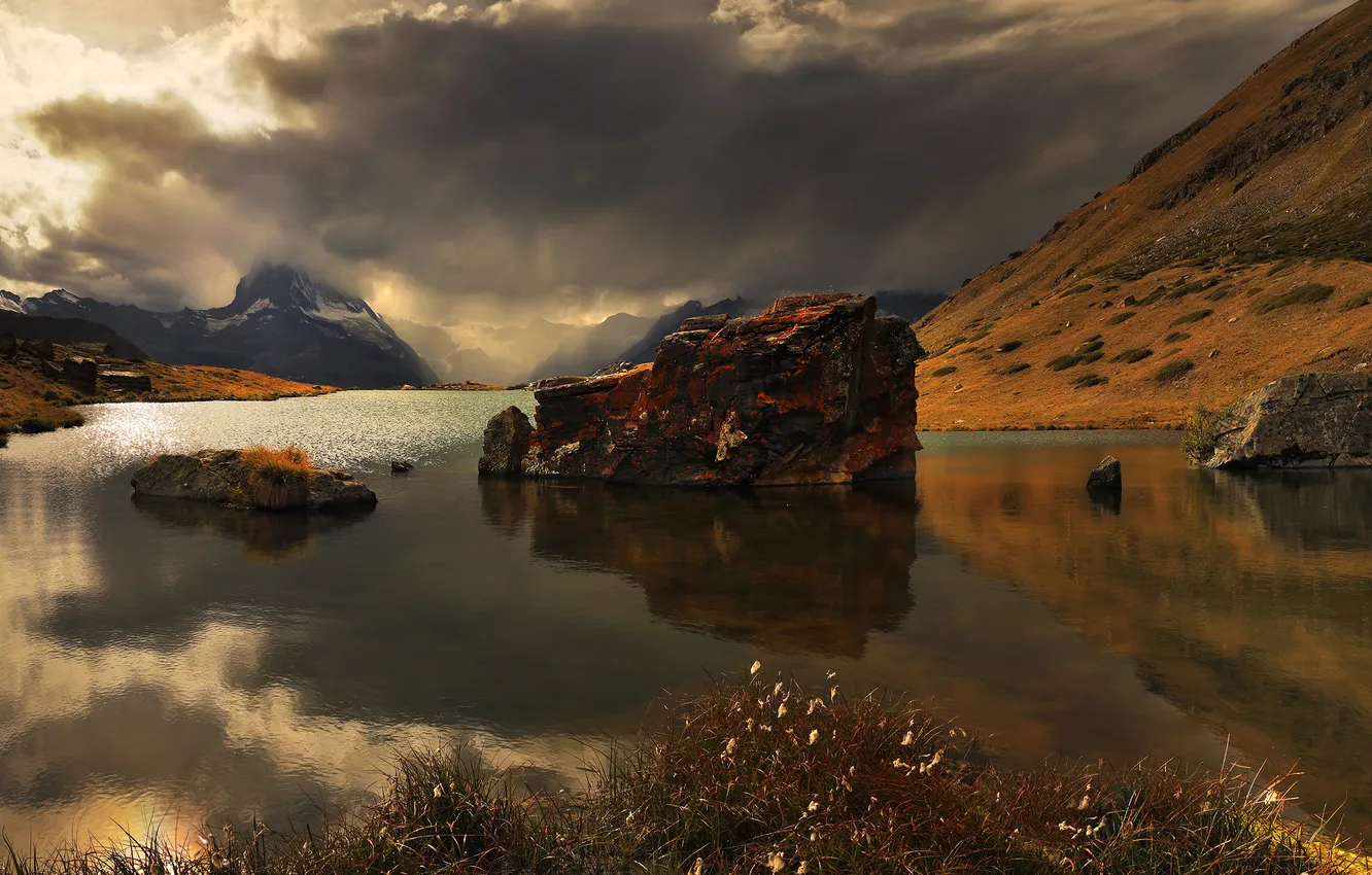 Photo wallpaper clouds, river, horizon, pond, the reflection in the water, water surface, boulders, September
