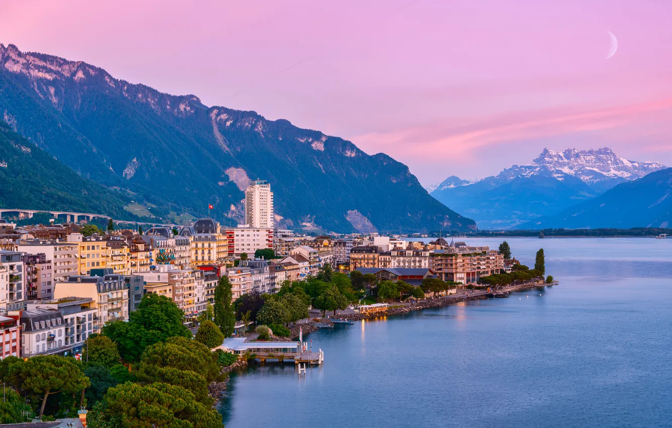 Photo wallpaper Switzerland, sunset, Alps, Town, Lake Geneva, Montreux
