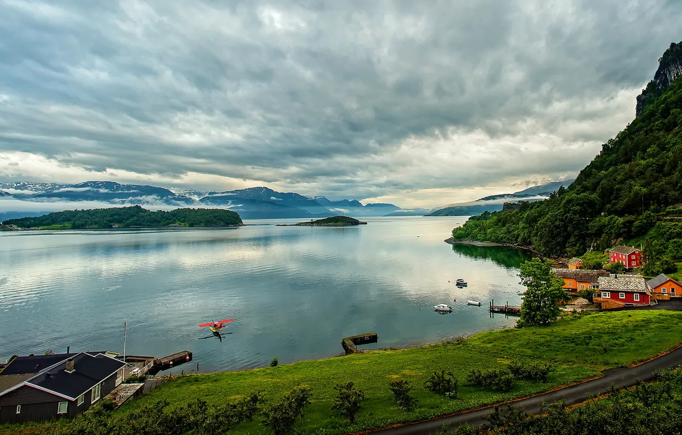Photo wallpaper road, mountains, clouds, river, coast, Norway, houses, boats