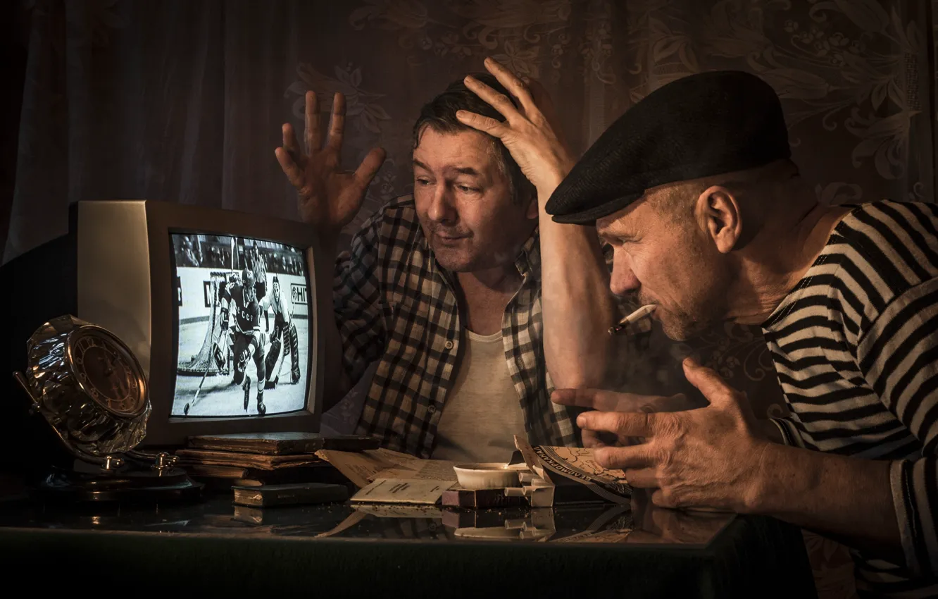Photo wallpaper TV, male, USSR, hockey, two, a cigarette, Viktor Cherkasov, An acute moment